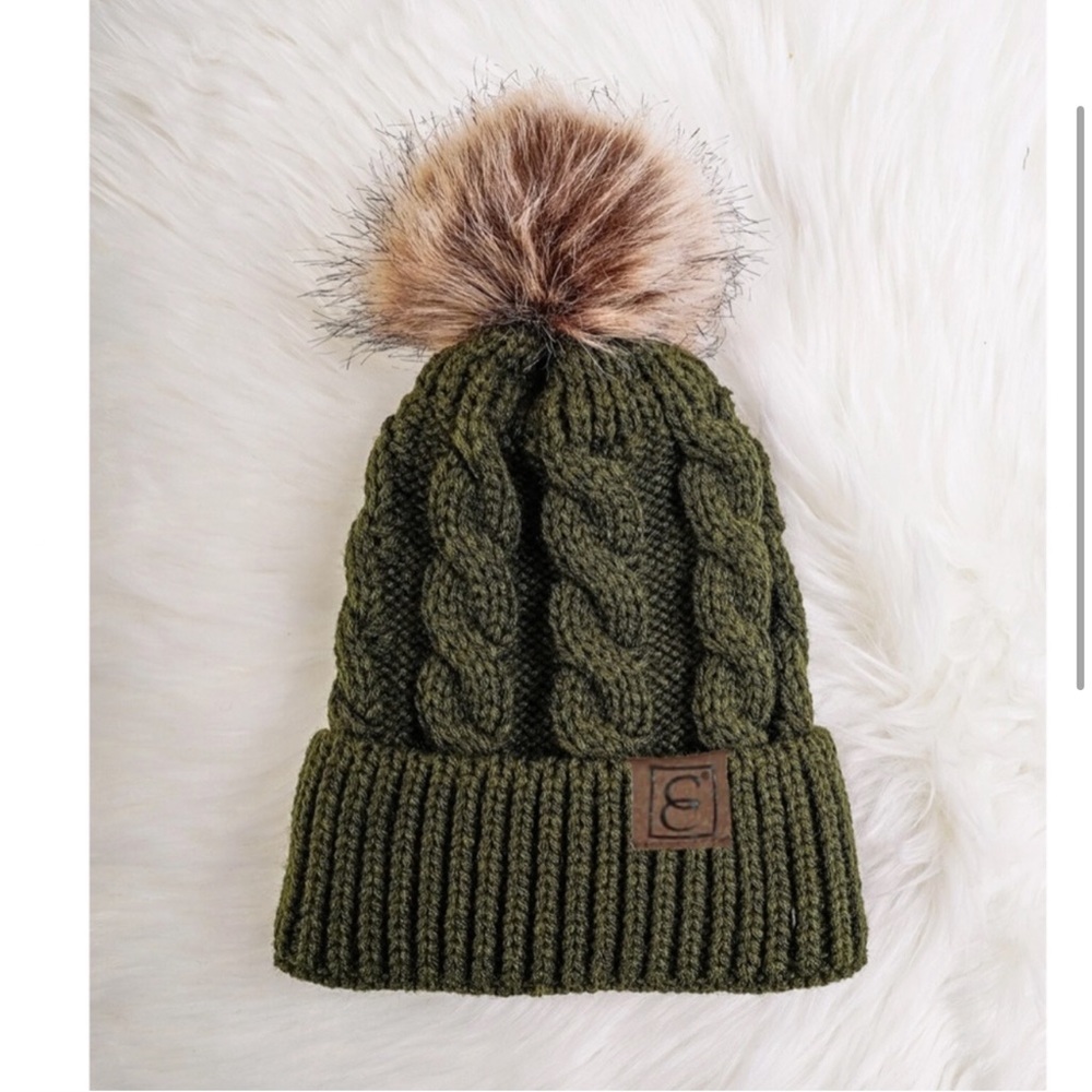 Army Green Cable Knit Pom Pom Beanie Hat - Picture 2 of 8